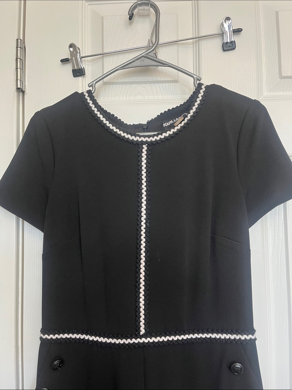 Karl Lagerfeld Black Wide-Leg Short-Sleeve Jumpsuit with White Trim - Picture 3 of 14
